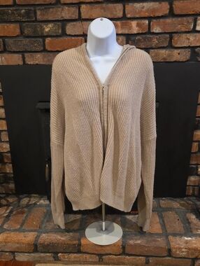 SHEIN Neutral Beige Hooded Zip Cardigan